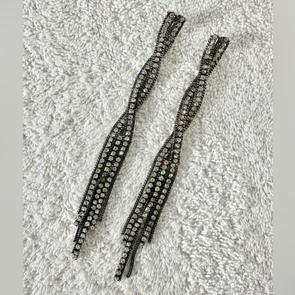 Vintage Black Twisted Rhinestone Fringe Dangly Earrings